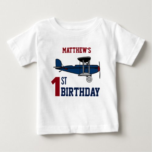 Vintage Blue Retro Airplane 1st Birthday Party Baby T_Shirt