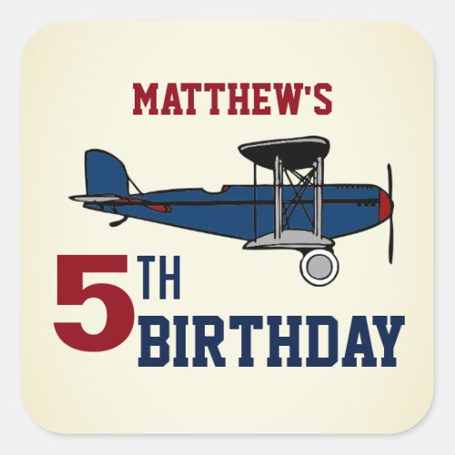 Vintage Blue Retro Airplane Birthday Party Favor Square Sticker