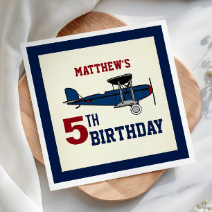 Vintage Blue Retro Airplane Birthday Party Paper Napkins