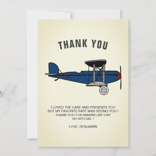 Vintage Blue Retro Airplane Birthday Party Thank You Card