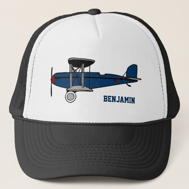 Vintage Blue Retro Airplane Kids Trucker Hat (Front)