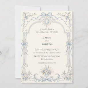 Vintage Blue Ribbon Cameo Floral Wedding Invitation