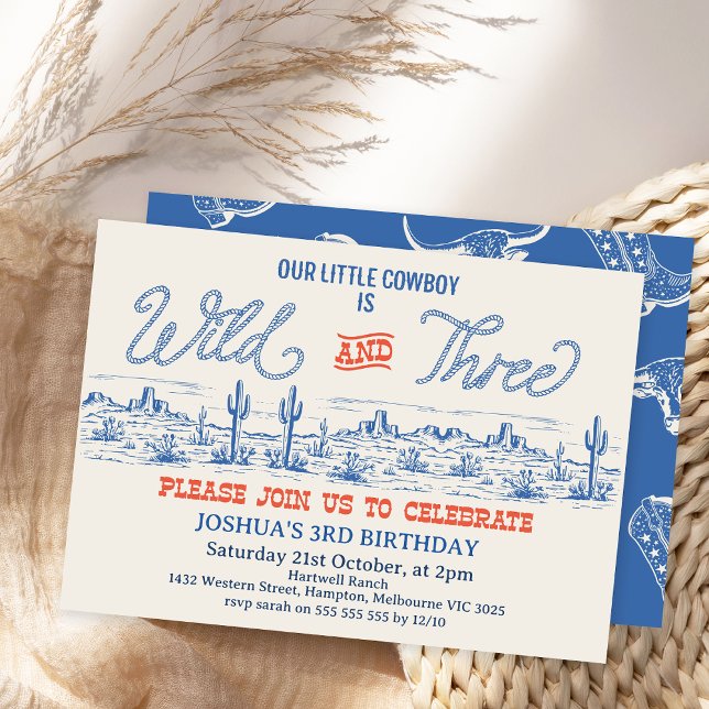 Vintage Blue Rodeo Wild and Three 3rd Birthday  Invitation (Boys Wild and Three Rodeo 3rd Birthday Invitation, Western Cowboy 3rd Birthday Invitation, Wild West)