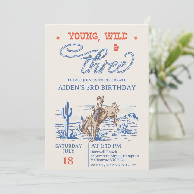 Vintage Blue Rodeo Young Wild Three 3rd Birthday Invitation (Standing Front)