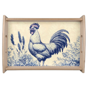 Vintage Blue Rooster in a Floral Garden Serving Tray