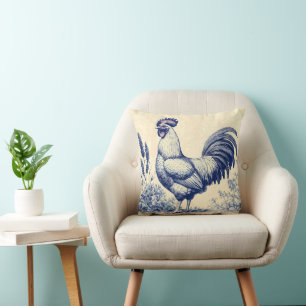 Vintage Blue Rooster in a Floral Garden Throw Pillow