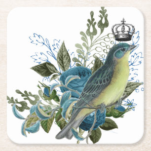 Vintage Blue Rose & Bird Square Paper Coaster