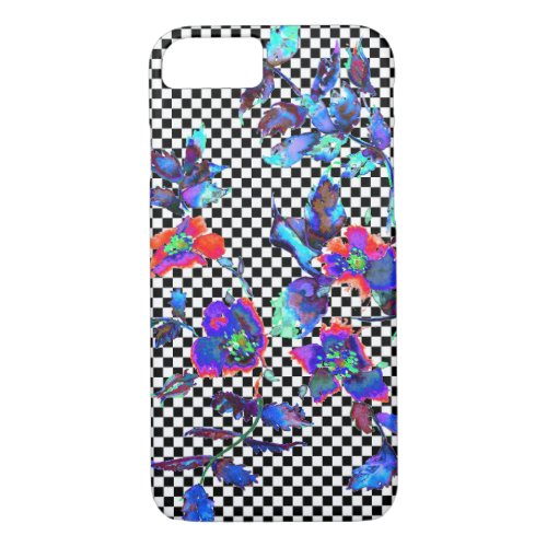 Vintage blue rose black and white checker pattern iPhone 87 case