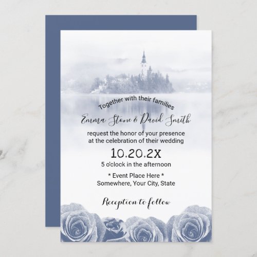 Vintage Blue Rose Floral Elegant Lake Wedding Invitation