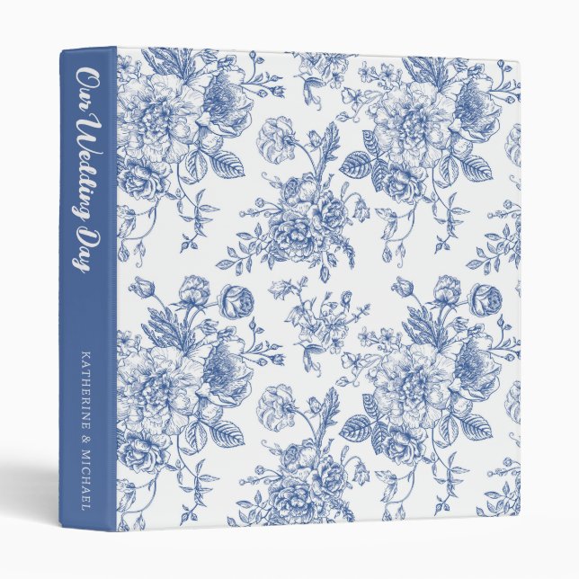 Vintage Blue Rose Floral | Our Wedding Day 3 Ring Binder (Front/Spine)