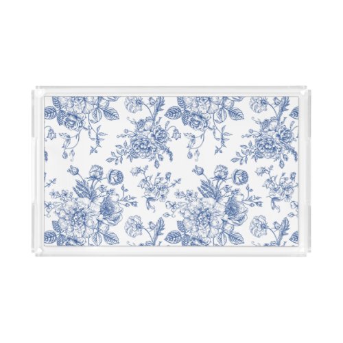 Vintage Blue Rose Floral Pattern Acrylic Tray