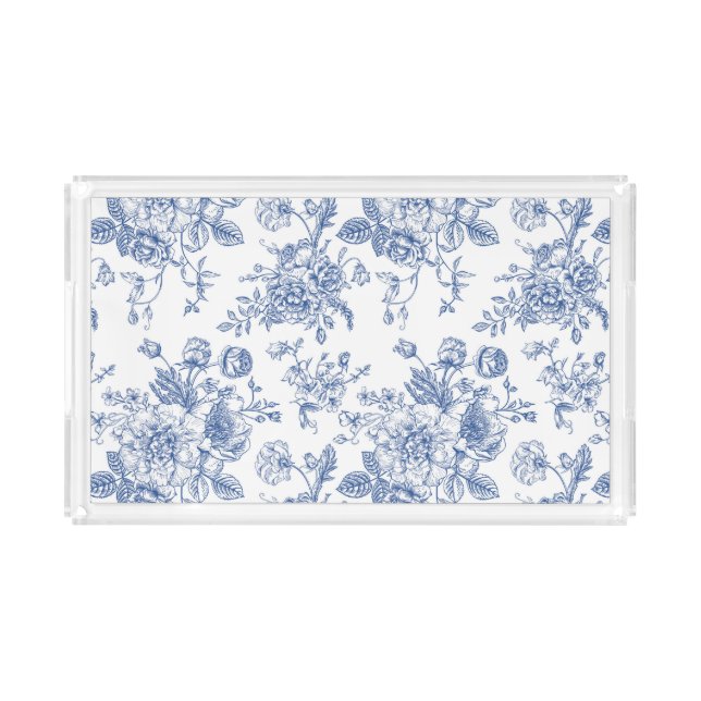 Vintage Blue Rose Floral Pattern Acrylic Tray (Front)