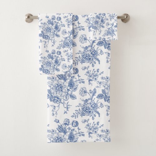 Vintage Blue Rose Floral Pattern Bath Towel Set