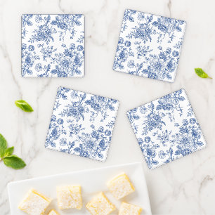 Vintage Blue Rose Floral Pattern Coaster Set