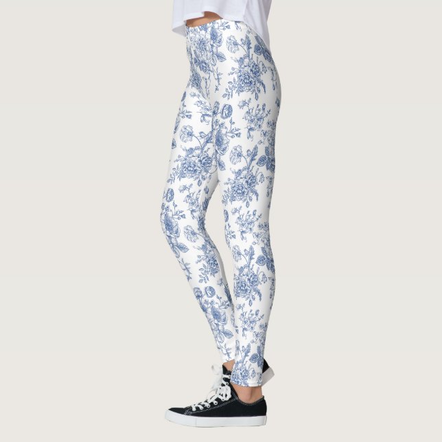 Vintage Blue Rose Floral Pattern Leggings (Left)