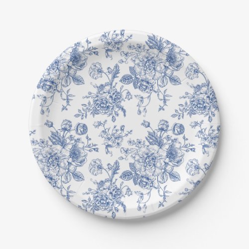 Vintage Blue Rose Floral Pattern Paper Plates