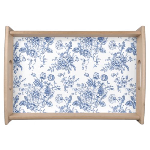 Vintage Blue Rose Floral Pattern Serving Tray