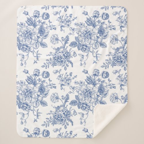 Vintage Blue Rose Floral Pattern Sherpa Blanket