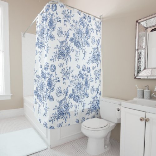 Vintage Blue Rose Floral Pattern Shower Curtain