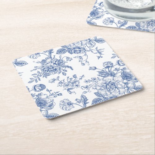 Vintage Blue Rose Floral Pattern Square Paper Coaster
