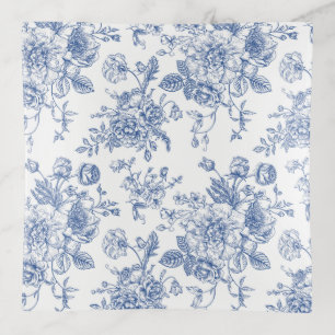 Vintage Blue Rose Floral Pattern Trinket Tray