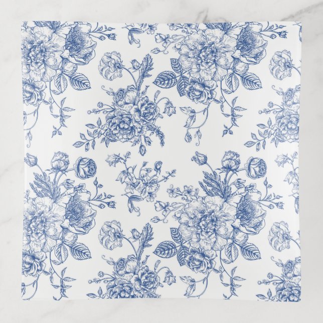 Vintage Blue Rose Floral Pattern Trinket Tray (Front)