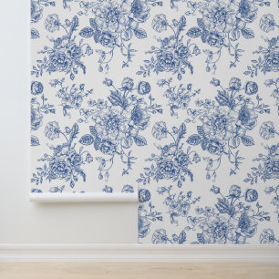 Vintage Blue Rose Floral Pattern Wallpaper