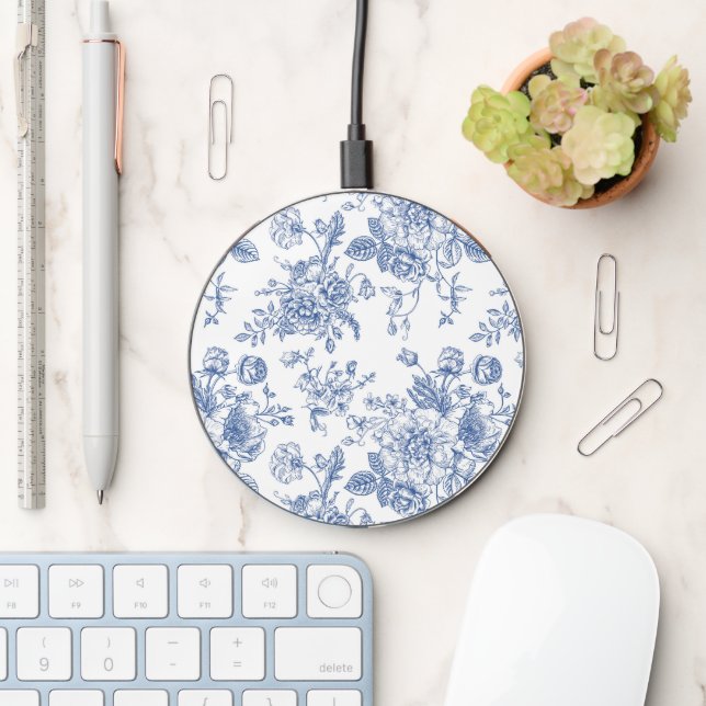 Vintage Blue Rose Floral Pattern Wireless Charger (Desk)