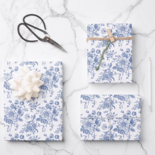 Vintage Blue Rose Floral Pattern Wrapping Paper Sheets