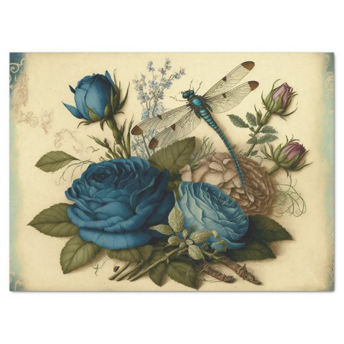 Vintage Blue Roses and Dragonfly Decoupage Tissue Paper