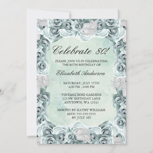 Vintage Blue Roses and Feather 80th Birthday Party Custom Announcements