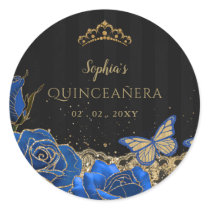 Vintage Blue Roses Black Gold Lace Quinceañera Classic Round Sticker