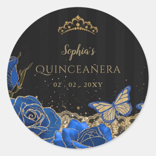 Vintage Blue Roses Black Gold Lace Quinceaera Classic Round Sticker