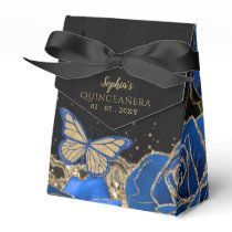 Vintage Blue Roses Black Gold Lace Quinceañera Favor Boxes
