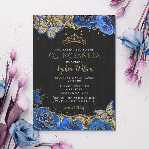 Vintage Blue Roses Black Gold Lace Quinceaera  Invitation