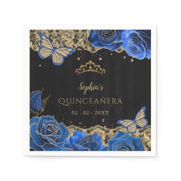 Vintage Blue Roses Black Gold Lace Quinceañera Napkins