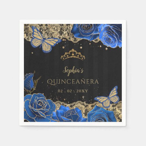 Vintage Blue Roses Black Gold Lace Quinceaera Napkins