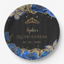 Vintage Blue Roses Black Gold Lace Quinceañera Paper Plates
