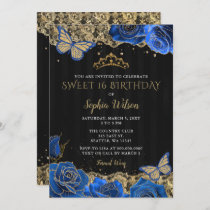 Vintage Blue Roses Black Gold Lace Sweet 16  Invitation