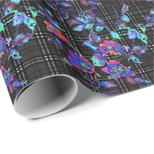 Vintage blue roses Black white plaid background Wrapping Paper