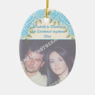 Vintage blue roses Couple's first Christmas photo Ceramic Ornament