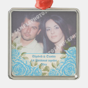 Vintage blue roses Couple's first Christmas photo Metal Ornament