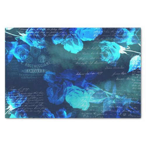 Vintage Blue Roses Dark Ephemera Tissue Paper