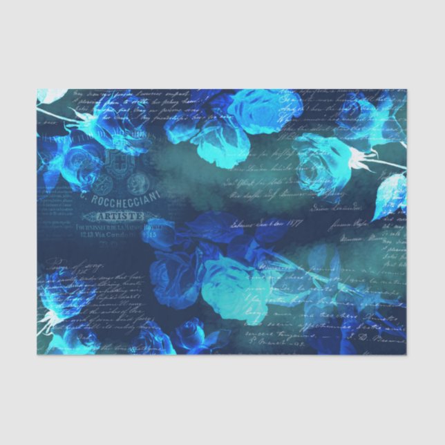 Vintage Blue Roses Dark Ephemera Tissue Paper (Front)