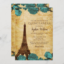 Vintage Blue Roses Eiffel Tower Quinceañera   Invitation