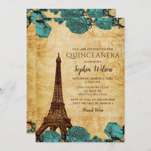Vintage Blue Roses Eiffel Tower Quinceaera   Invitation