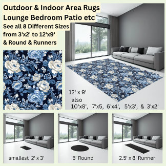 Vintage Blue Roses Floral Flowers Area Rug
