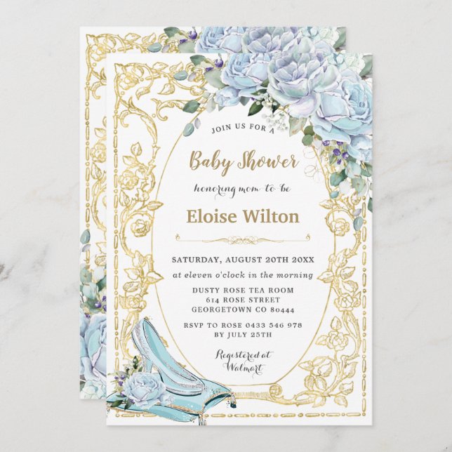 Vintage Blue Roses Gold Princess Baby Shower Invitation (Front/Back)