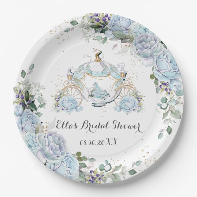 Vintage Blue Roses Princess Coach Bridal Shower Paper Plates (Front)