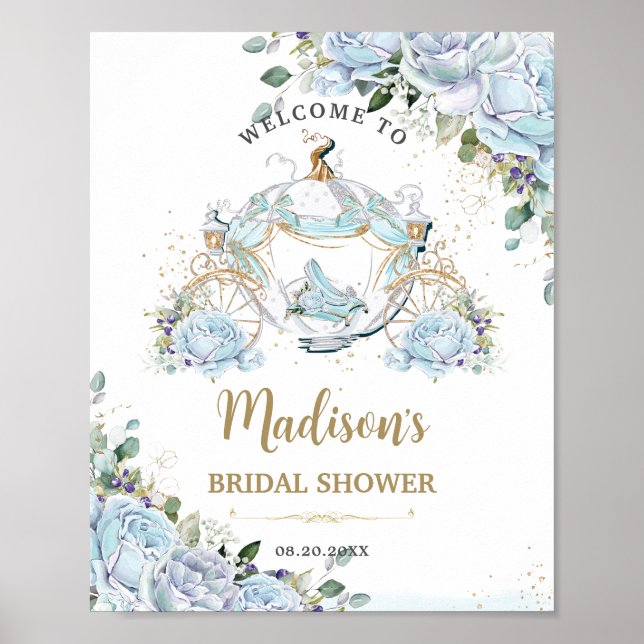 Vintage Blue Roses Princess Coach Bridal Shower Poster (Front)